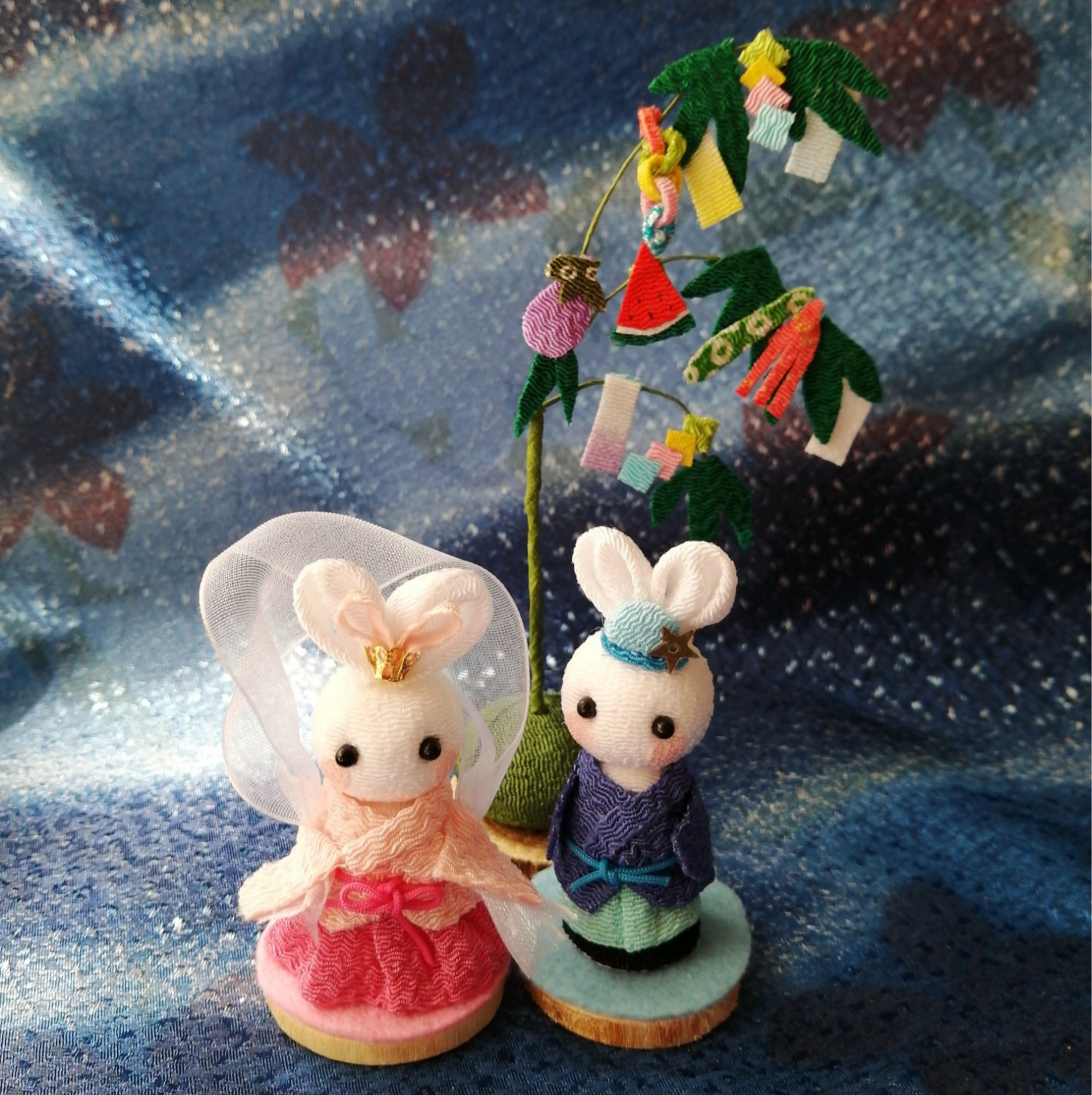 七夕さま　七夕飾り　創作ちりめんうさぎ人形　ちりめんうさぎ人形　古布 七夕さま　七夕飾り　創作ちりめんうさぎ人形　ちりめんうさぎ人形　古布