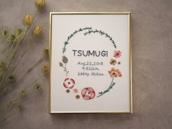 ご出産やお誕生日のお祝いに! | 手刺繍で彩る お花がモチーフのバースデーボード 1枚目の画像