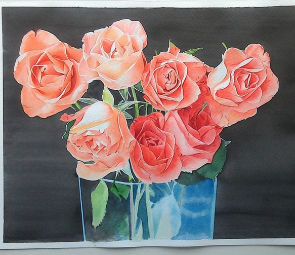 0067  水彩画　イラスト　花　バラ　 A4サイズ 1枚目の画像