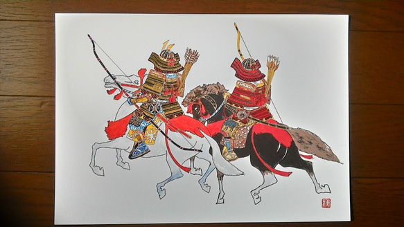 002 色鉛筆　イラスト　騎馬武者　サムライ　A4サイズ 1枚目の画像
