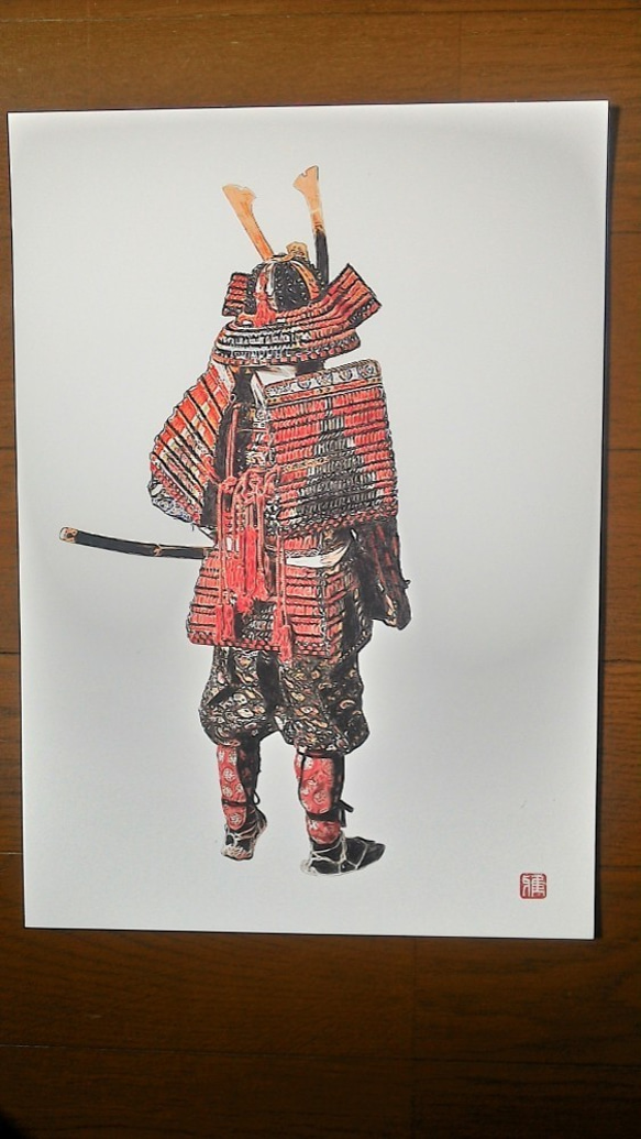 001A 色鉛筆　イラスト　鎧武者　サムライ　A4サイズ 1枚目の画像