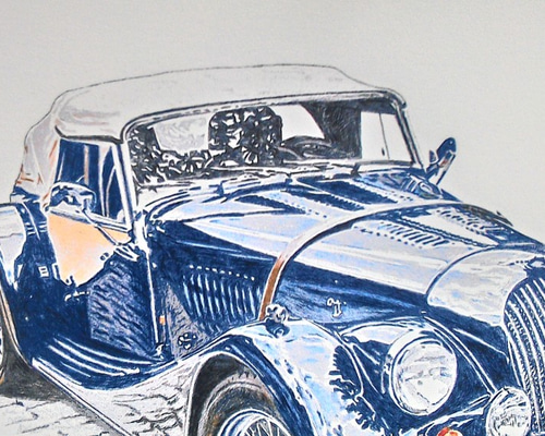 008 色鉛筆 イラスト クラシックカー MORGAN ROADSTER A4サイズ