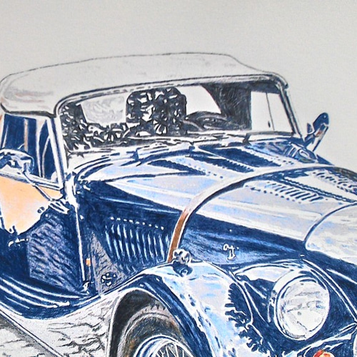 008 色鉛筆 イラスト クラシックカー MORGAN ROADSTER A4サイズ