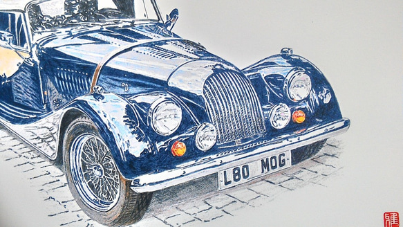 008  色鉛筆　イラスト　クラシックカー　 MORGAN ROADSTER　A4サイズ 2枚目の画像