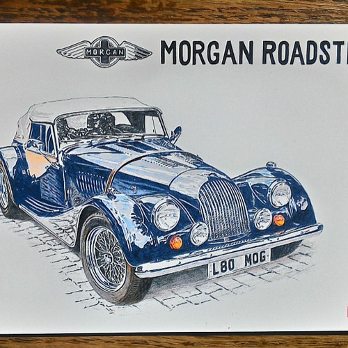 008 色鉛筆 イラスト クラシックカー MORGAN ROADSTER A4サイズ