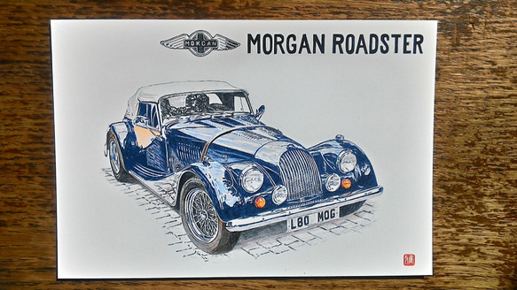 008  色鉛筆　イラスト　クラシックカー　 MORGAN ROADSTER　A4サイズ 3枚目の画像