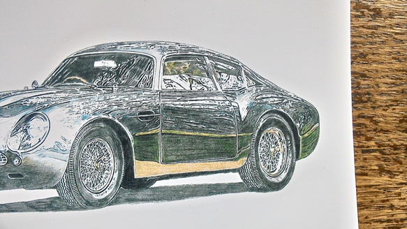 009  色鉛筆　イラスト　クラシックカー　 ASTON MARTIN DBS GT ZAGATO A4サイズ 2枚目の画像