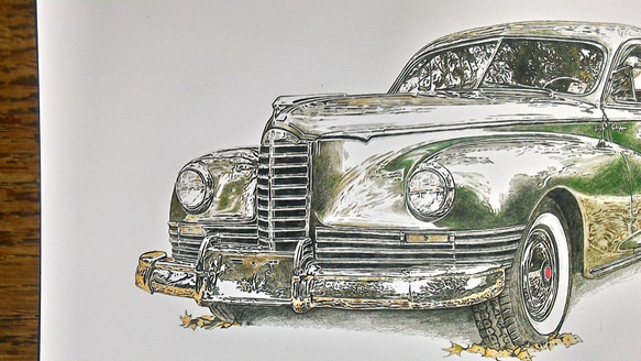 0010 色鉛筆　イラスト　クラシックカー　 PACKARD CLIPPER A4サイズ 1枚目の画像