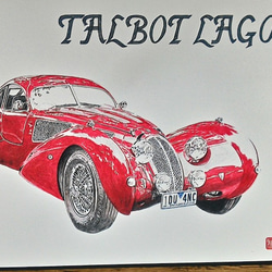 0011 色鉛筆　イラスト　クラシックカー　 TALBOT LAGO A4サイズ 3枚目の画像