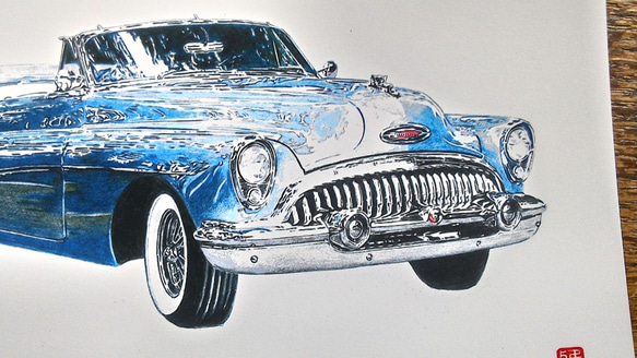 0012 色鉛筆　イラスト　クラシックカー　 BUICK 1953 SKYLARK A4サイズ 2枚目の画像