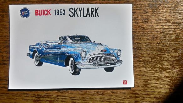 0012 色鉛筆　イラスト　クラシックカー　 BUICK 1953 SKYLARK A4サイズ 3枚目の画像