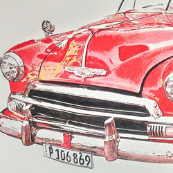 0013 色鉛筆　イラスト　クラシックカー　 CHEVROLET 50' CONVERTIBLE A4サイズ 1枚目の画像