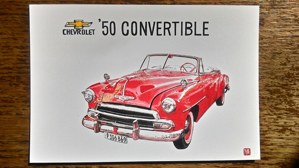 0013 色鉛筆　イラスト　クラシックカー　 CHEVROLET 50' CONVERTIBLE A4サイズ 3枚目の画像