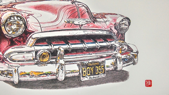 0014 色鉛筆　イラスト　クラシックカー　 CHEVROLET BELAIR  A4サイズ 2枚目の画像