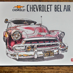 0014 色鉛筆　イラスト　クラシックカー　 CHEVROLET BELAIR  A4サイズ 3枚目の画像