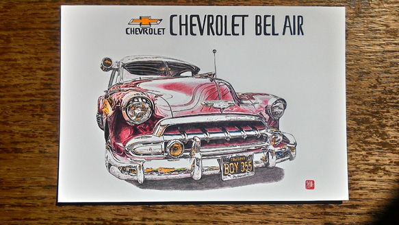 0014 色鉛筆　イラスト　クラシックカー　 CHEVROLET BELAIR  A4サイズ 3枚目の画像