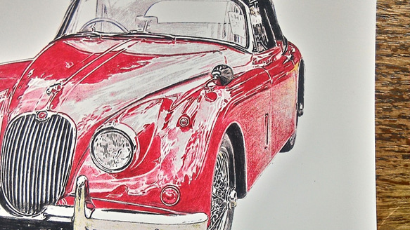 0016 色鉛筆　イラスト　クラシックカー JAGUAR XK 150 ROAD STAR A4サイズ 1枚目の画像