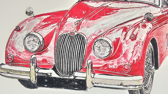 0016 色鉛筆　イラスト　クラシックカー JAGUAR XK 150 ROAD STAR A4サイズ 2枚目の画像