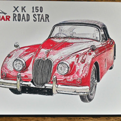 0016 色鉛筆　イラスト　クラシックカー JAGUAR XK 150 ROAD STAR A4サイズ 3枚目の画像