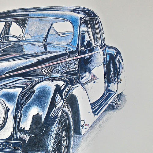 0017 色鉛筆 イラスト クラシックカー 1939 ALFA ROMEO 6C 2500 A4