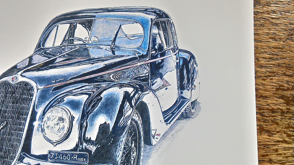 0017 色鉛筆　イラスト　クラシックカー 1939 ALFA ROMEO 6C 2500 A4サイズ 1枚目の画像