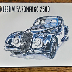 0017 色鉛筆　イラスト　クラシックカー 1939 ALFA ROMEO 6C 2500 A4サイズ 3枚目の画像