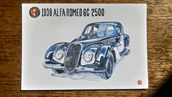 0017 色鉛筆　イラスト　クラシックカー 1939 ALFA ROMEO 6C 2500 A4サイズ 3枚目の画像