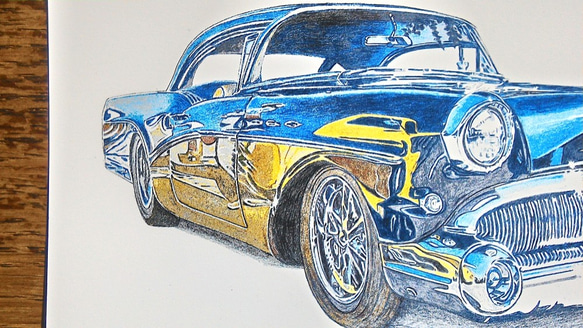 0018 色鉛筆　イラスト　クラシックカー BUICK SUPER RIVIERA A4サイズ 1枚目の画像