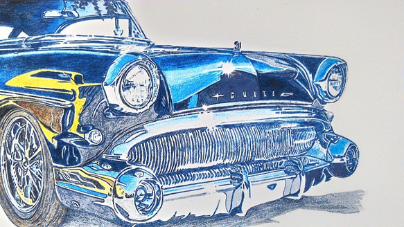 0018 色鉛筆　イラスト　クラシックカー BUICK SUPER RIVIERA A4サイズ 2枚目の画像