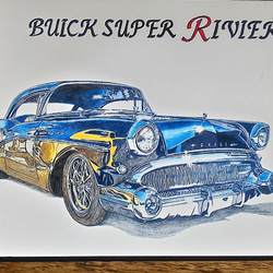 0018 色鉛筆　イラスト　クラシックカー BUICK SUPER RIVIERA A4サイズ 3枚目の画像