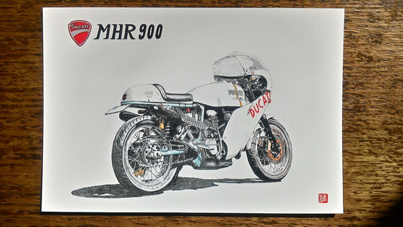 0019 色鉛筆　イラスト　オートバイ　ビンテージ　DUCATI MHR 900 A4サイズ 3枚目の画像