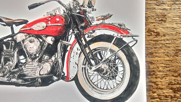 0020 色鉛筆　イラスト　オートバイ　ビンテージ　HARLEY DAVIDSON 1946 FL A4サイズズ 2枚目の画像