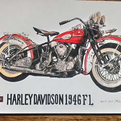 0020 色鉛筆　イラスト　オートバイ　ビンテージ　HARLEY DAVIDSON 1946 FL A4サイズズ 3枚目の画像