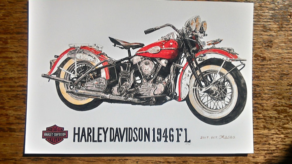 0020 色鉛筆　イラスト　オートバイ　ビンテージ　HARLEY DAVIDSON 1946 FL A4サイズズ 3枚目の画像