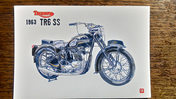 0022 色鉛筆　イラスト　オートバイ　ビンテージ　TRIUMPH 1963 TR6 SS A4サイズ 3枚目の画像