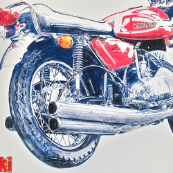 0023 色鉛筆　イラスト　オートバイ　ビンテージ　 KAWASAKI 1970 500SS MACH Ⅲ A4サイズ 1枚目の画像