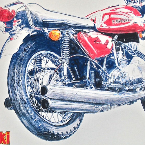 0023 色鉛筆 イラスト オートバイ ビンテージ KAWASAKI 1970 0023 色鉛筆 イラスト オートバイ ビンテージ KAWASAKI 1970