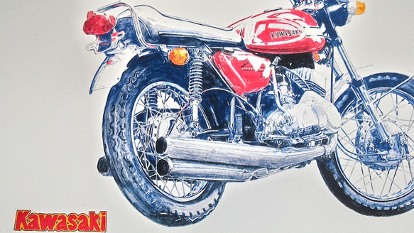 0023 色鉛筆　イラスト　オートバイ　ビンテージ　 KAWASAKI 1970 500SS MACH Ⅲ A4サイズ 1枚目の画像