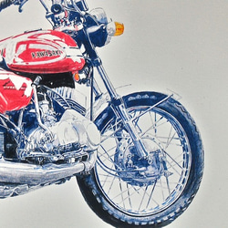 0023 色鉛筆　イラスト　オートバイ　ビンテージ　 KAWASAKI 1970 500SS MACH Ⅲ A4サイズ 2枚目の画像