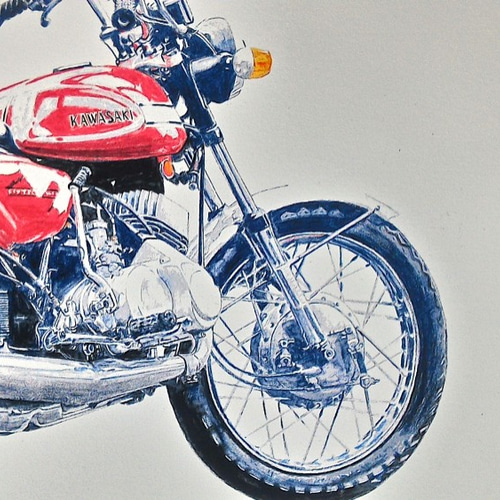 0023 色鉛筆 イラスト オートバイ ビンテージ KAWASAKI 1970 0023 色鉛筆 イラスト オートバイ ビンテージ KAWASAKI 1970