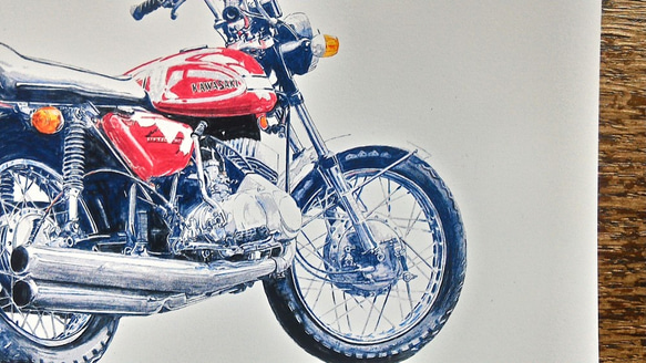 0023 色鉛筆　イラスト　オートバイ　ビンテージ　 KAWASAKI 1970 500SS MACH Ⅲ A4サイズ 2枚目の画像