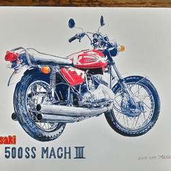 0023 色鉛筆　イラスト　オートバイ　ビンテージ　 KAWASAKI 1970 500SS MACH Ⅲ A4サイズ 3枚目の画像