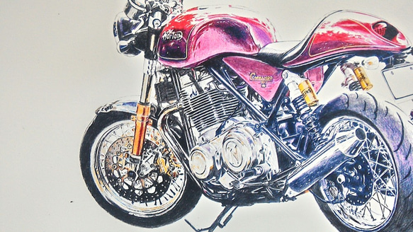 0025 色鉛筆　イラスト　オートバイ　ビンテージ　 NORTON COMANDO 961 SPORT A4サイズ 1枚目の画像