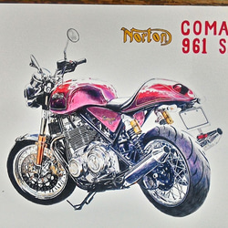 0025 色鉛筆　イラスト　オートバイ　ビンテージ　 NORTON COMANDO 961 SPORT A4サイズ 3枚目の画像