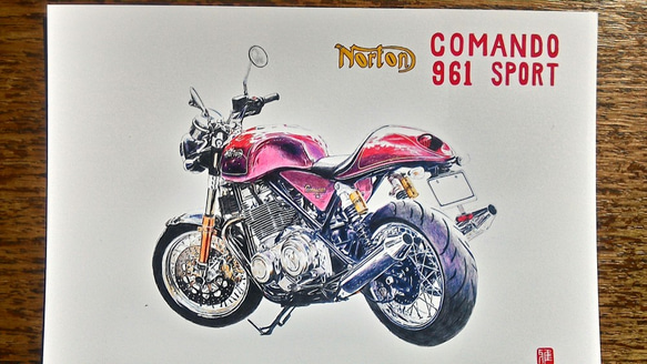 0025 色鉛筆　イラスト　オートバイ　ビンテージ　 NORTON COMANDO 961 SPORT A4サイズ 3枚目の画像