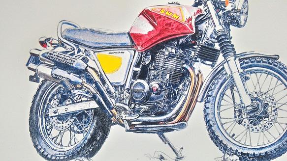 0026 色鉛筆　イラスト　オートバイ　ビンテージ　 SWM SILVER VASE 440 A4サイズ 2枚目の画像
