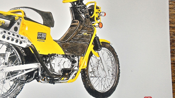 0027 色鉛筆　イラスト　オートバイ　ビンテージ　HONDA CROSS CUB 110 A4サイズ 1枚目の画像