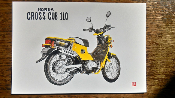 0027 色鉛筆　イラスト　オートバイ　ビンテージ　HONDA CROSS CUB 110 A4サイズ 3枚目の画像