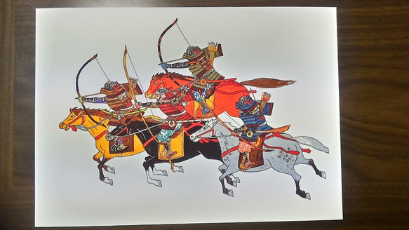 0031 色鉛筆　イラスト　騎馬武者　サムライ　A4サイズ 1枚目の画像