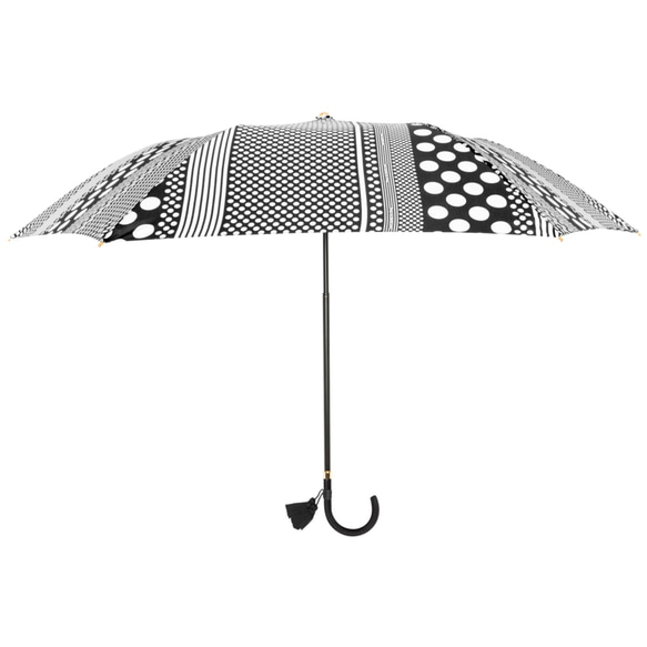 晴雨兼用折傘 スマートブレラ 二つ折りタイプ ブラックドットストライプ タッセル付き 1枚目の画像